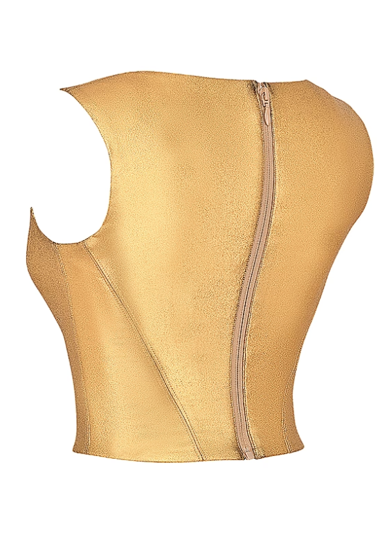 Corset feminino dourado com acabamento metalizado, alças largas e recorte acinturado, exibido em modelo com calça jeans.