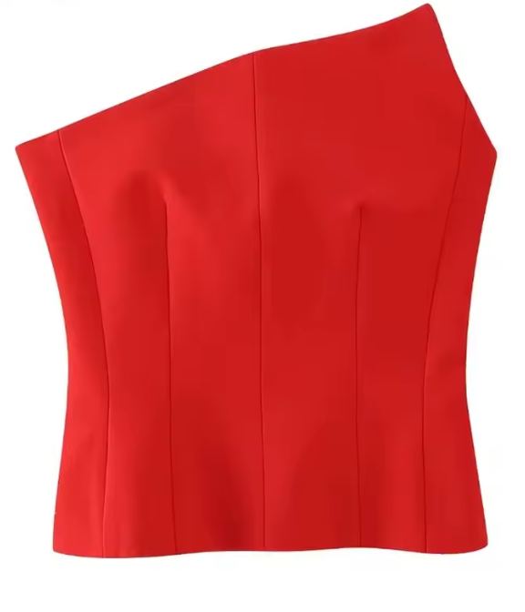 Modelo feminina vestindo corset com corte de um ombro só, tecido estruturado e acabamento acetinado. Costuras verticais e modelagem que afina a cintura com elegância moderna.