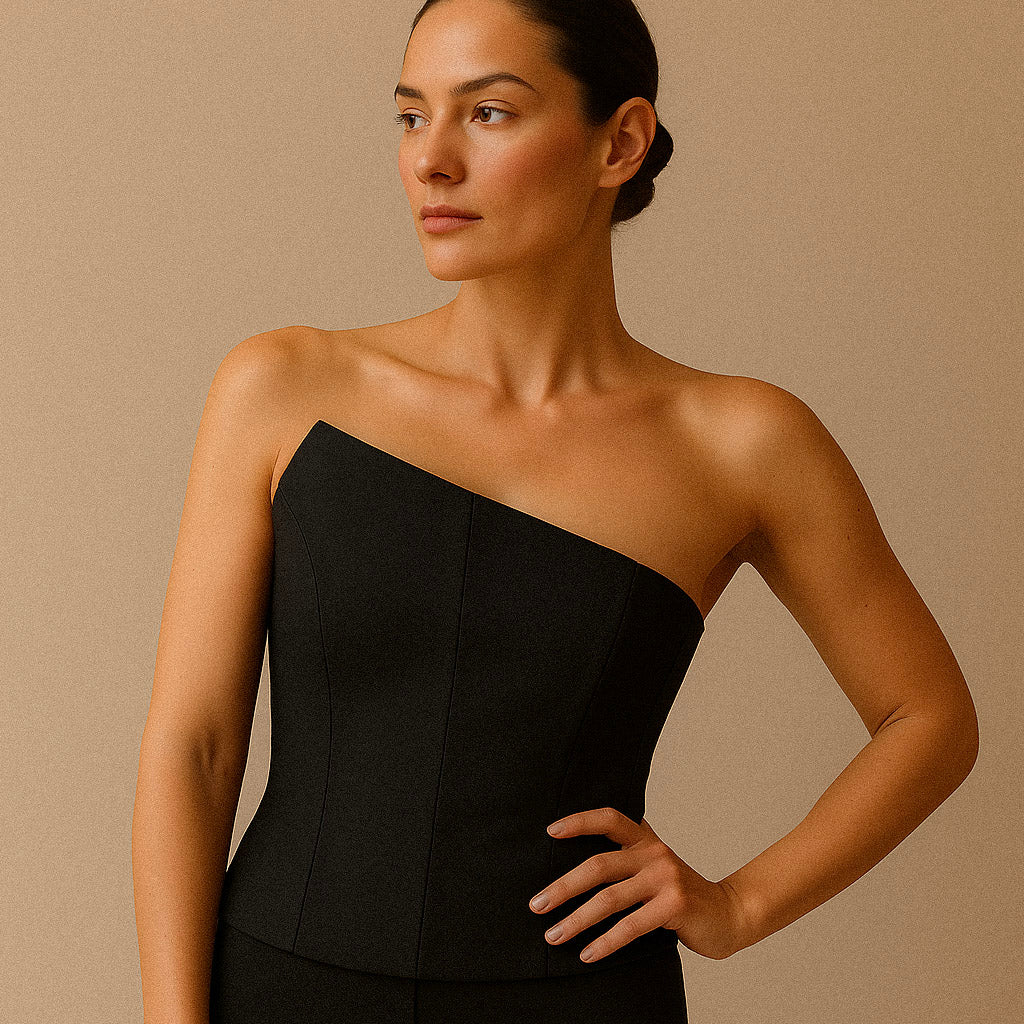 Modelo feminina vestindo corset com corte de um ombro só, tecido estruturado e acabamento acetinado. Costuras verticais e modelagem que afina a cintura com elegância moderna.