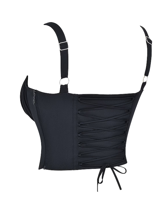 Corset preto com estrutura modeladora, recortes verticais e busto franzido com laço central. Alças largas e fechamento lateral. Modelo feminina vestindo a peça contra fundo neutro, foco do busto à cintura.