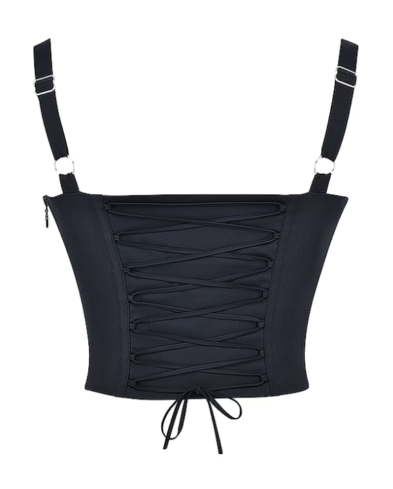 Corset preto com estrutura modeladora, recortes verticais e busto franzido com laço central. Alças largas e fechamento lateral. Modelo feminina vestindo a peça contra fundo neutro, foco do busto à cintura.
