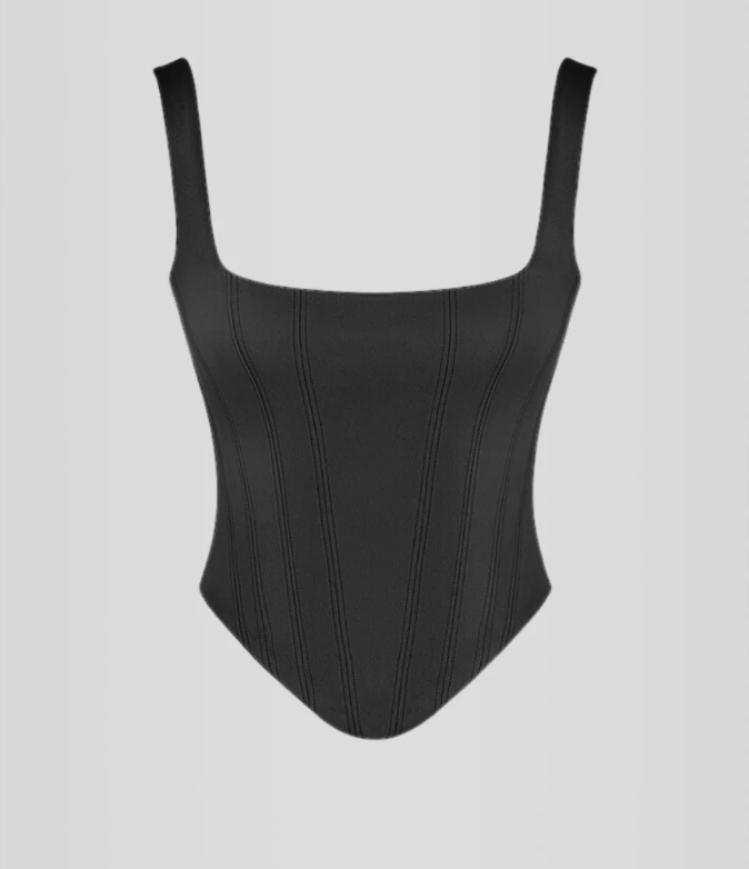 Imagem do Corset Modelador Mimosa confeccionado em cetim duchese preto, com decote quadrado, estrutura marcada e forro interno para suporte. Realça a cintura com elegância e é perfeito para festas, jantares e ocasiões sofisticadas.