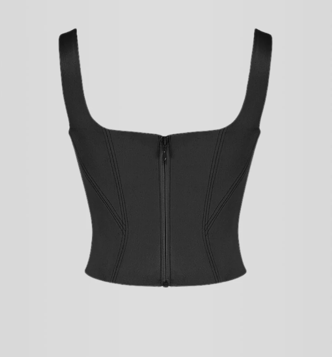 Imagem do Corset Modelador Mimosa confeccionado em cetim duchese preto, com decote quadrado, estrutura marcada e forro interno para suporte. Realça a cintura com elegância e é perfeito para festas, jantares e ocasiões sofisticadas.