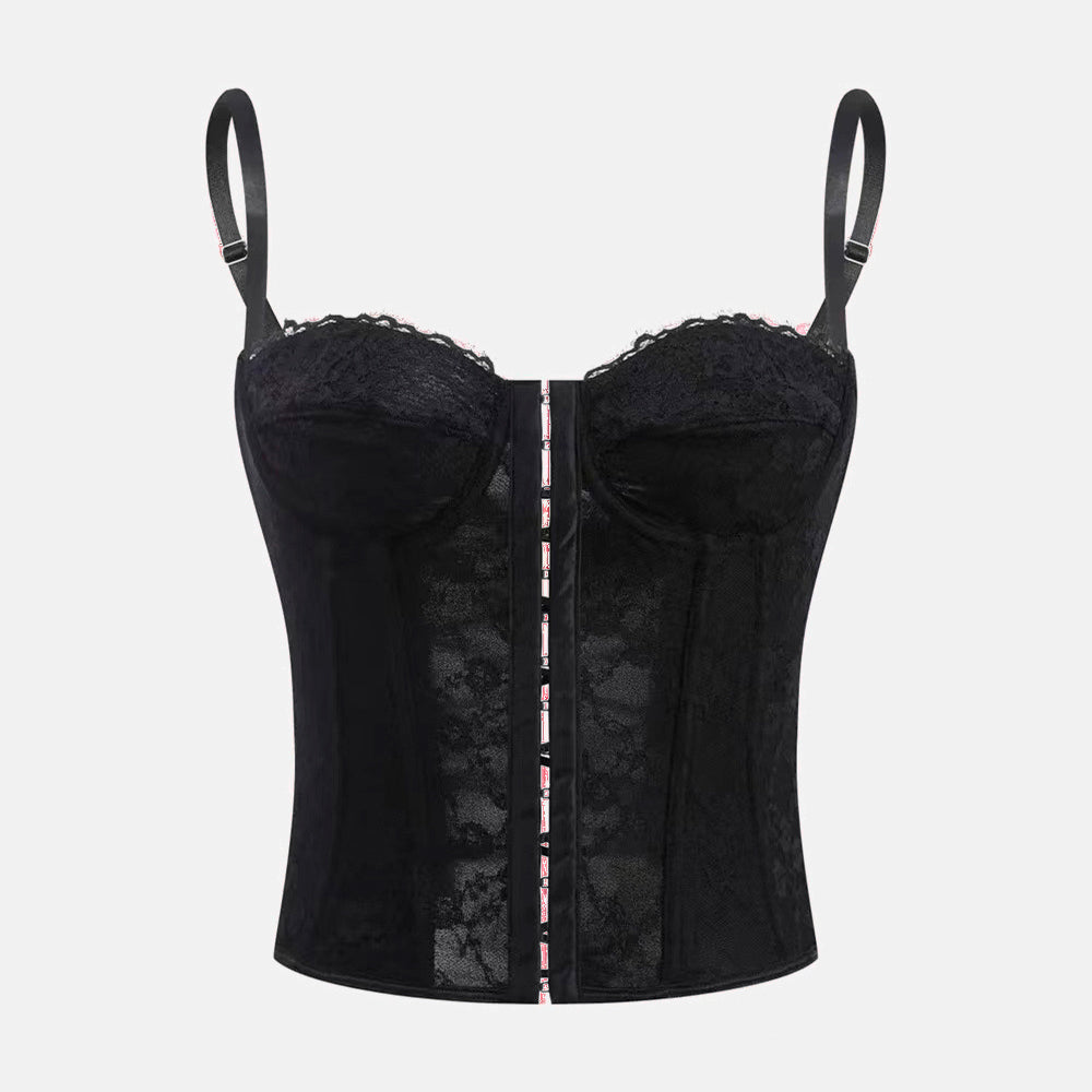 Corset Pink Lady com design clássico em renda, decote suave com suporte no busto, estrutura marcada e caimento cropped. Realça a cintura com elegância. Ideal para festas, baladas e jantares sofisticados.
