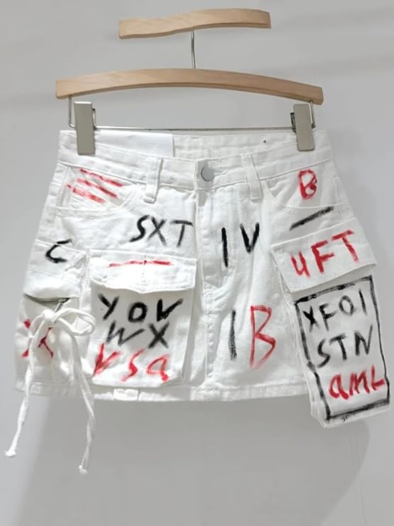 Saia jeans com estampa grafitada em tons vibrantes e bolsos cargo utilitários com lapela. Modelagem mini com cintura média e estrutura reta. Visual urbano, ousado e expressivo, com toque de arte de rua e atitude fashion.