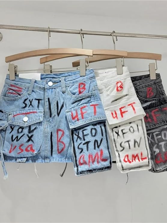 Saia jeans com estampa grafitada em tons vibrantes e bolsos cargo utilitários com lapela. Modelagem mini com cintura média e estrutura reta. Visual urbano, ousado e expressivo, com toque de arte de rua e atitude fashion.