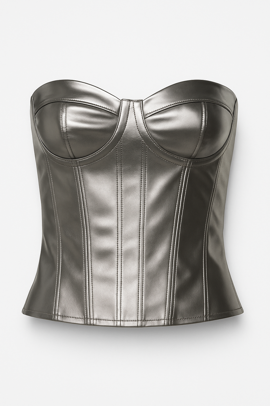 Corset prata brilhante com estrutura modeladora e brilho sofisticado. Realça a cintura e busto, oferecendo conforto e estilo para festas, eventos ou looks casuais.